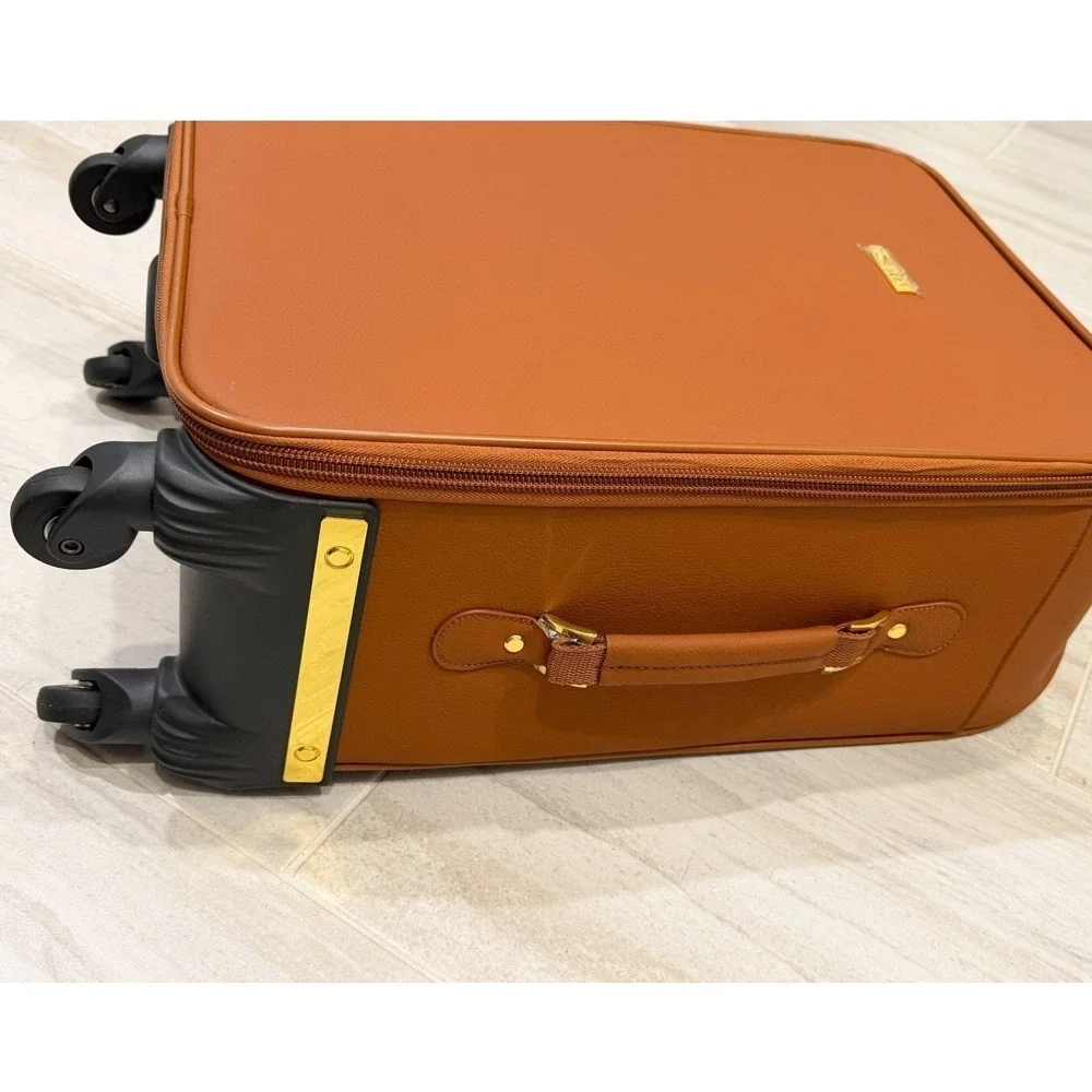 NWT Joy & Iman Cognac Brown Split Leather 4 Wheel Spinner Carry On Suitcase